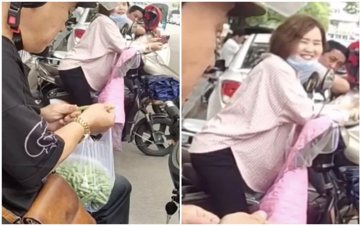 Ngồi chờ đón con, ông bố tranh thủ nhặt rau thoăn thoắt khiến hội chị em xung quanh tròn mắt Ảnh 2