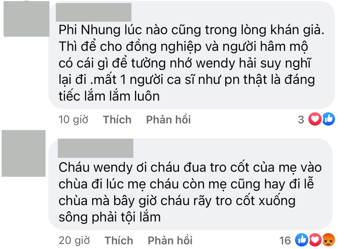 Người hâm mộ để lại bình luận xin Wendy đừng rải tro cốt ca sĩ Phi Nhung xuống biển.