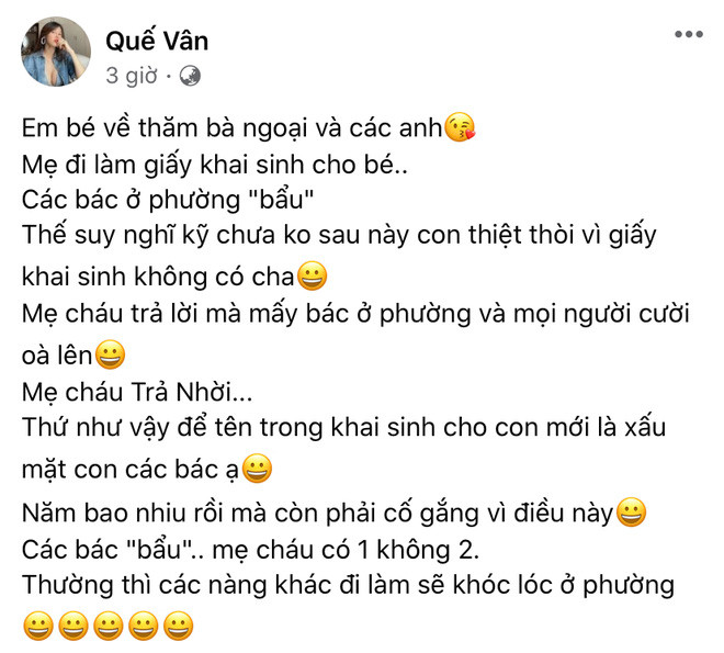 Dòng trạng thái kể về việc đi làm giấy khai sinh cho con của Quế Vân