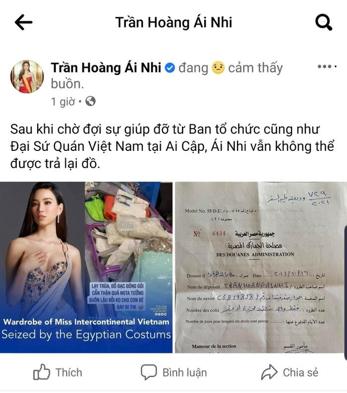 Sau bao nỗ lực, Ái Nhi vẫn không lấy lại được hành lý bị tịch thu khi tham gia Miss Intercontinental 2021 Ảnh 1