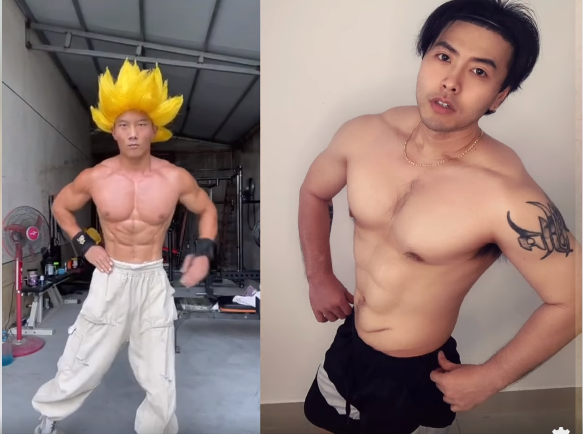 Akira Phan so sánh vóc dáng của mình cùng một gymer.