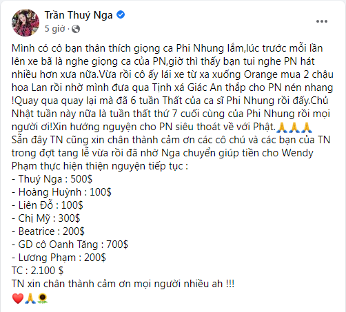Thúy Nga công khai số tiền mạnh thường quân trao tặng cho Phi Nhung.