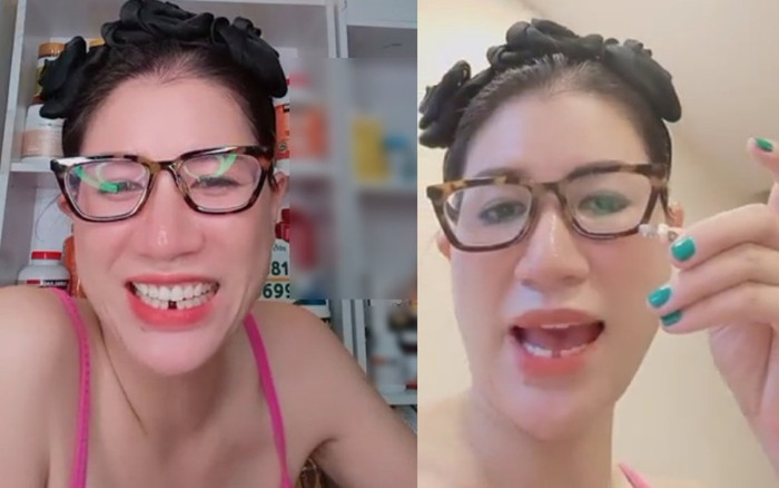 Trang Khàn đang livestream thì bị rơi mất răng giả, phải tìm quanh nhà Ảnh 2