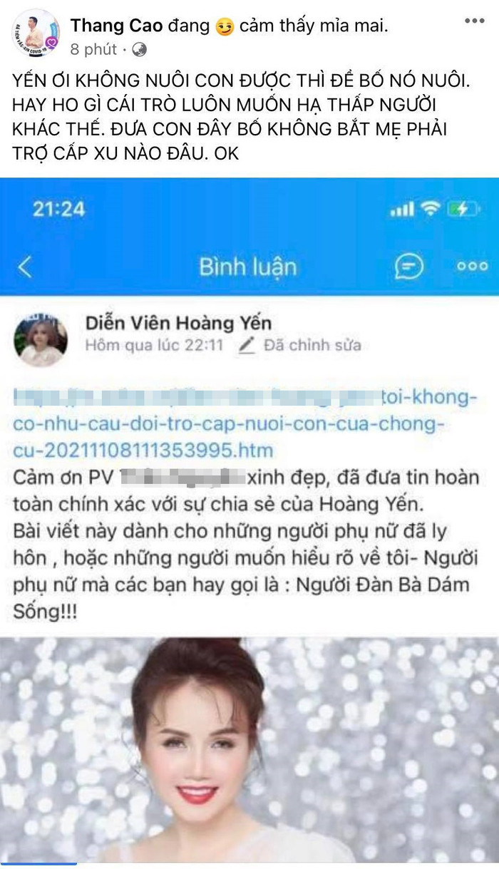 Chồng cũ chia sẻ bài viết của diễn viên Hoàng Yến.