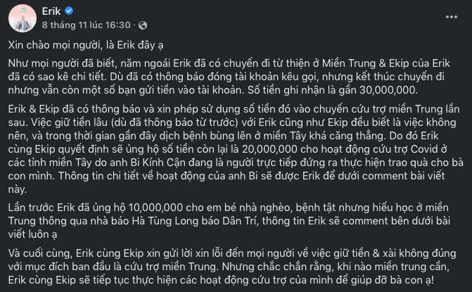 Erik xin lỗi vì dùng tiền cứu trợ miền Trung sai mục đích Ảnh 2