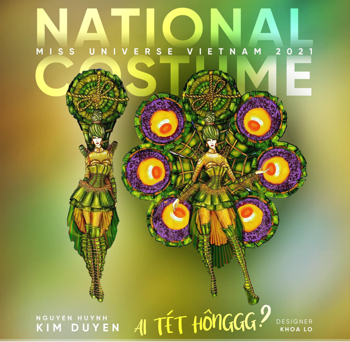 Thiết kế trang phục dân tộc lấy cảm hứng từ món bánh tét của Kim Duyên được kỳ vọng sẽ tạo được ấn tượng mạnh mẽ với bạn bè quốc tế.