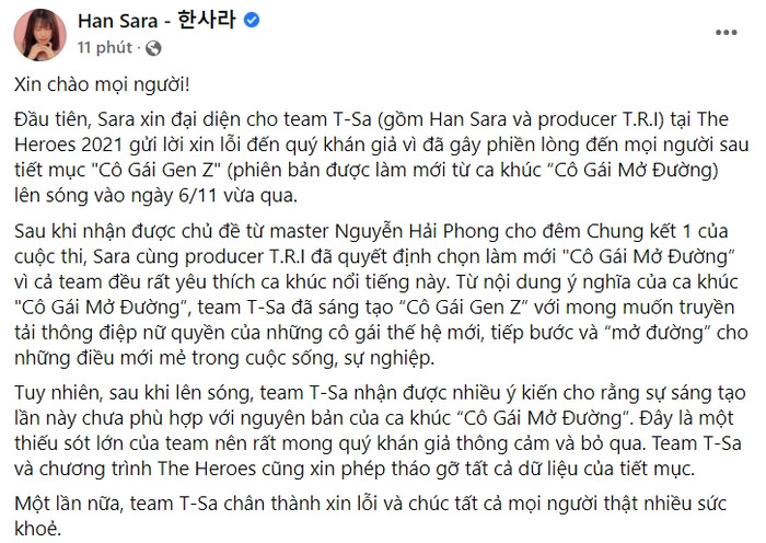 Han Sara đăng tải tâm thư xin lỗi sau màn làm mới ca khúc 'Cô Gái Mở Đường', mong được khán giả thông cảm Ảnh 3