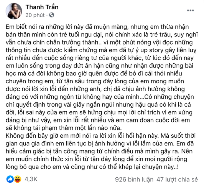 Đến lượt Thanh Trần lên tiếng xin lỗi về kỳ án 'trà xanh': 'Em thừa nhận mình ngu dại' Ảnh 3