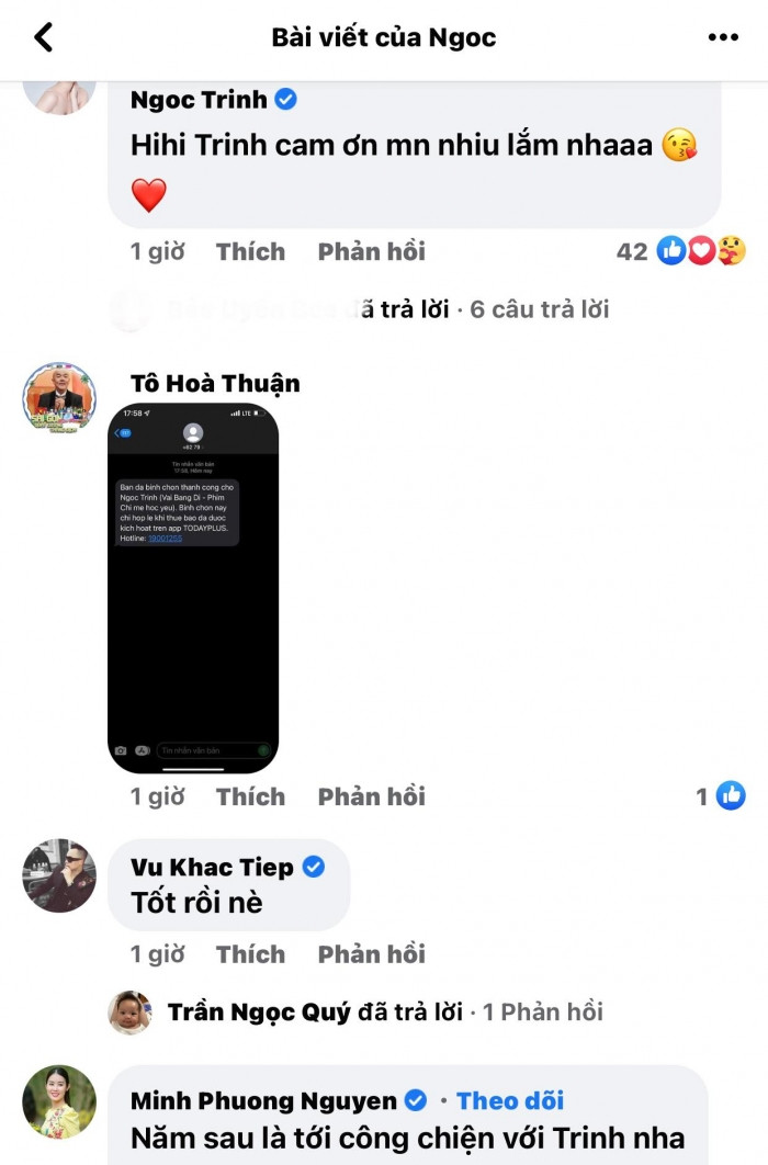 Bạn bè và khán giả liên tục gửi lời chúc mừng Ngọc Trinh.