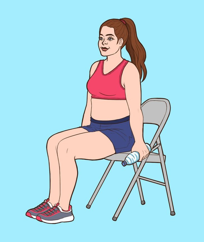 Ngồi trên ghế với tư thế thẳng lưng. Mỗi tay cầm một chai nước, để xuôi hai thay theo người.  