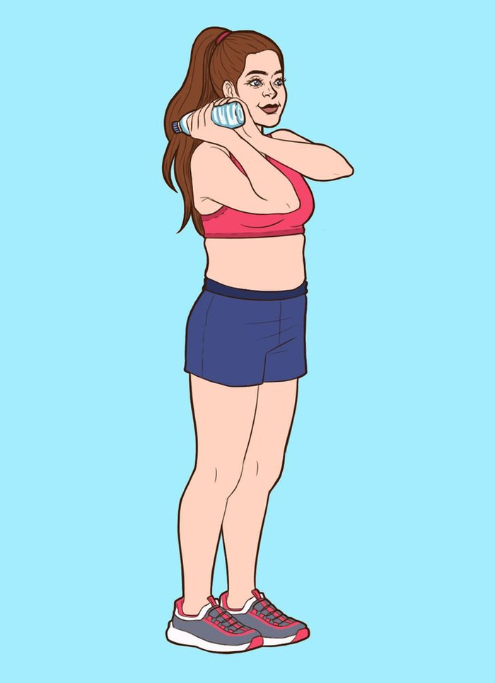 Bắt đầu với tư thế đứng, khủy tay hơi cong, hai tay cầm chai nước qua vai phải. Tiến một bước dài về phía trước bằng chân trái. Gập cả hai đầu gối và hạ xuống thành tư thế cúi xuống.