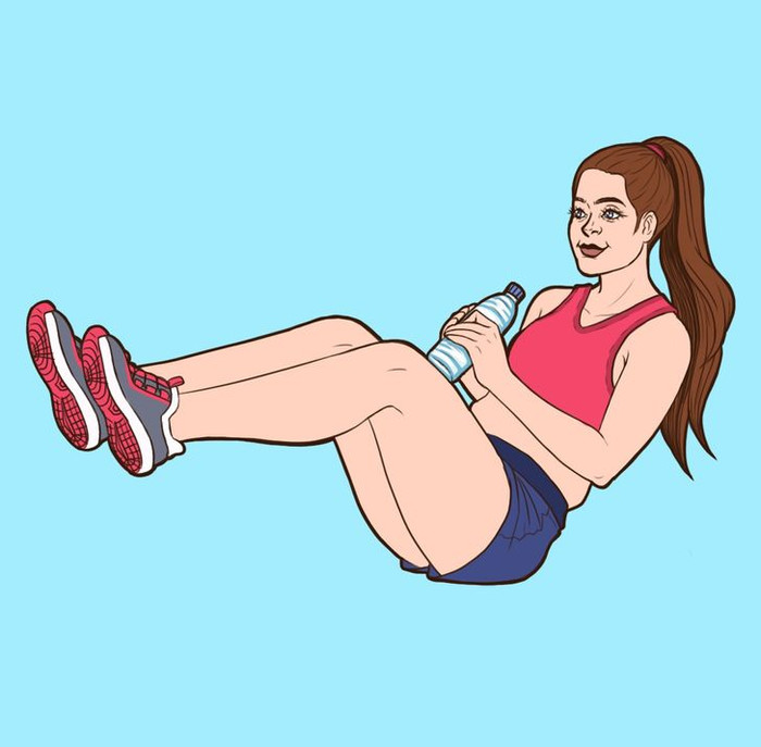 Ngồi trên sàn, giữ một chai nước bằng cả hai tay. Đưa thân mình ra sau và nhấc chân khỏi sàn.