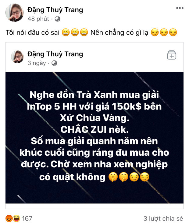 Đặng Thuỳ Trang liên tục có những bài đăng tố Thuỳ Tiên mua giải sau khi đăng quang Miss Grand International 2021.