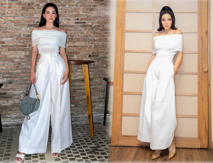 Mẫu thiết kế được 2 nàng hậu Việt Nam lựa chọn. Trong khi Tiểu Vy nhẹ nhàng như nàng thơ thì Kỳ Duyên lại có phong cách sắc lạnh ấn tượng.