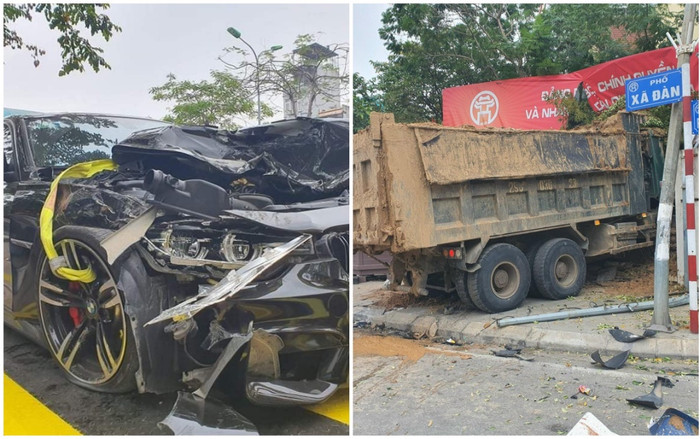 Hà Nội: Xe tải va chạm với xe sang BMW rồi tông sập một mảng tường trường tiểu học Ảnh 2