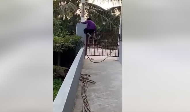 Chỉ trong tích tắc, cụ bà 100 tuổi này đã trèo ra khỏi cổng nhà. Ảnh cắt từ clip