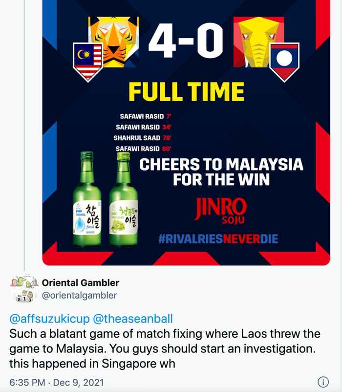 Tài khoản Twitter có tên Oriental Gambler tố cáo tuyển Lào dàn xếp tỷ số.