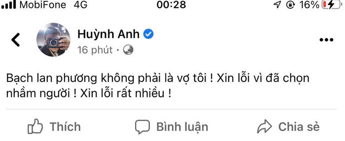 Huỳnh Anh đăng đàn chia tay Bạch Lan Phương: Không phải vợ tôi, đã chọn nhầm người Ảnh 1