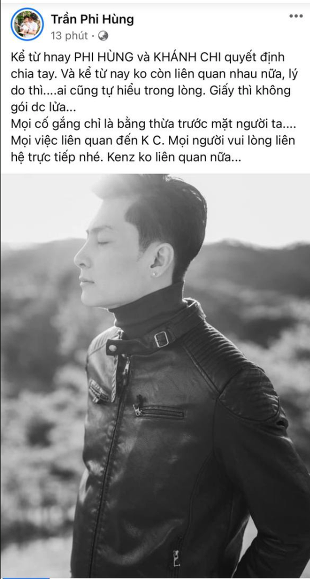 Sáng ngày 10/12, Trần Phi Hùng - chồng trẻ của Lâm Khánh Chi đã đăng lên trang cá nhân bài viết thông báo về việc ly hôn nữ ca sĩ.