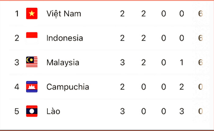 Tuyển Việt Nam được xếp hạng có vị trí đầu bảng dù thua Indonesia về hiệu số bàn thắng bại.