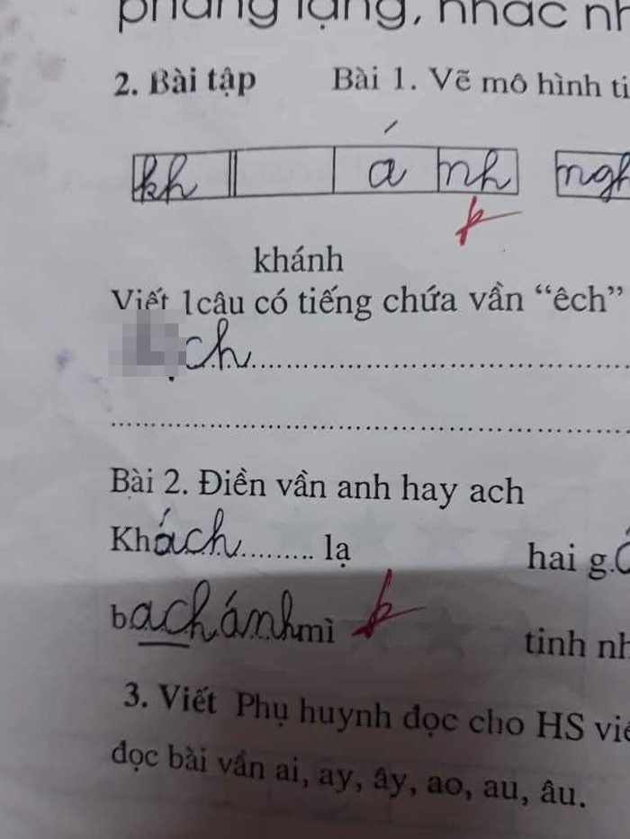 Đề bài yêu cầu đặt câu có tiếng chứa vần 'êch', bé gái viết 1 từ mà ai nấy cũng ngã ngửa Ảnh 3