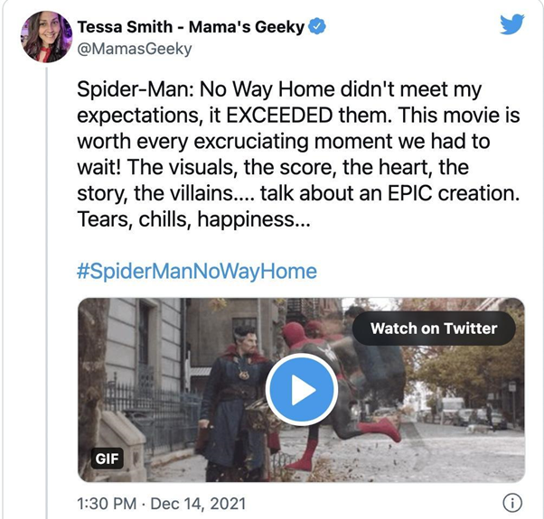 Spider-Man: No Way Home vượt xa kỳ vọng của tôi. Bộ phim xứng đáng từng giây chờ đợi. Kỹ xảo, âm nhạc, cảm xúc, câu chuyện, phản diện… đây là một kiệt tác điện ảnh. Tôi đã rơi lệ, hạnh phúc xen lẫn choáng ngợp.