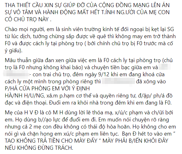 Xôn xao chuyện nữ sinh là F0 bị mẹ con chủ trọ hành hung, đuổi ra khỏi nhà ngay trong đêm Ảnh 1