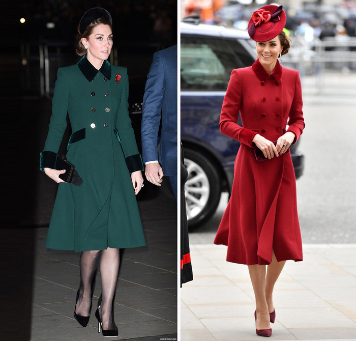 Nữ công tước xứ Cambridge yêu thích váy dạ dài ngang gối được tạo được điểm nhấn bằng những hàng khuy thanh lịch. Mẫu thiết kế giá 2.500 bảng được cô chọn mua 2 màu nổi bật là xanh lá và đỏ.