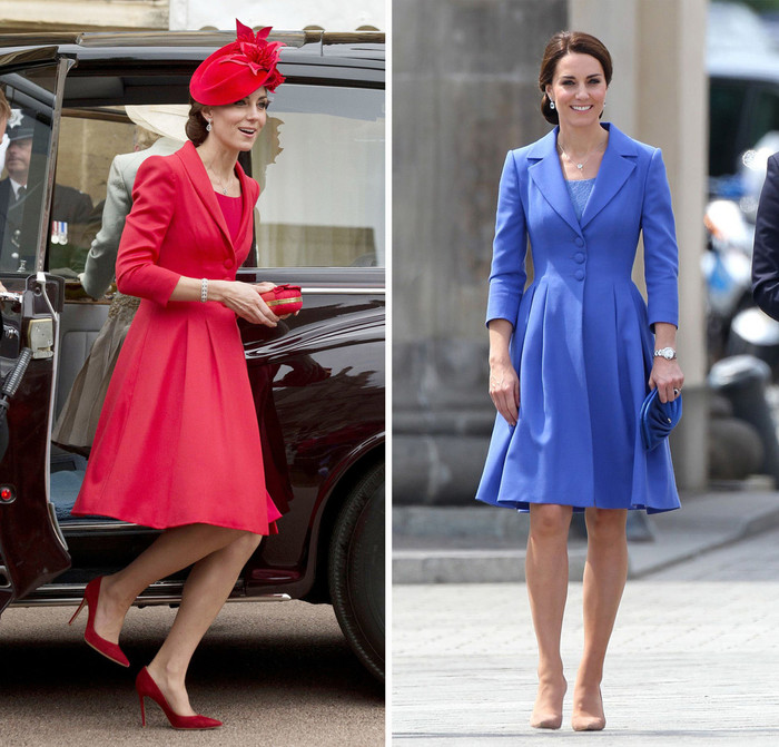 Catherine Walker là thương hiệu đặc cô lăng xê nhiệt tình. Công nương chọn váy đỏ giá 2.000 bảng tới buổi lễ Order of the Garter tháng 6/2016. Cô cũng xuất hiện trong chuyến công du Đức sau đó một năm với phiên bản màu xanh thiên thanh.