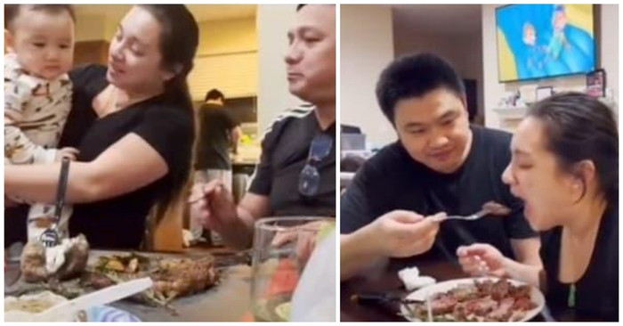 Ông xã Tom chuẩn bị bữa ăn cho cả gia đình.