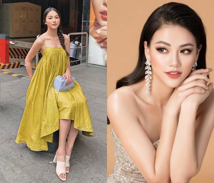 Hoa hậu Phương Khánh thả dáng trong mẫu đầm suông tao nhã, nhưng phần lai váy nhăn nheo lại khiến cô nàng mất điểm. 