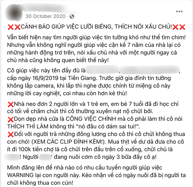 Bài 'bóc phốt' người giúp việc của Tr. vào ngày 30/10/2020