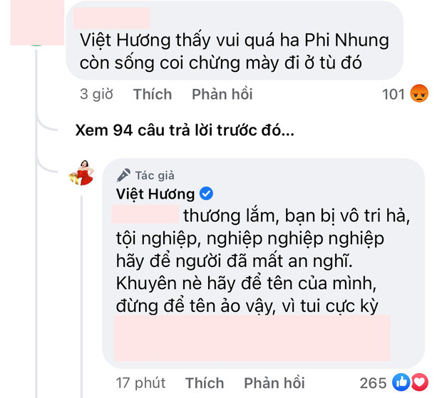 Chẳng khoan nhượng, vợ nhạc sĩ Hoài Phương đáp lại.