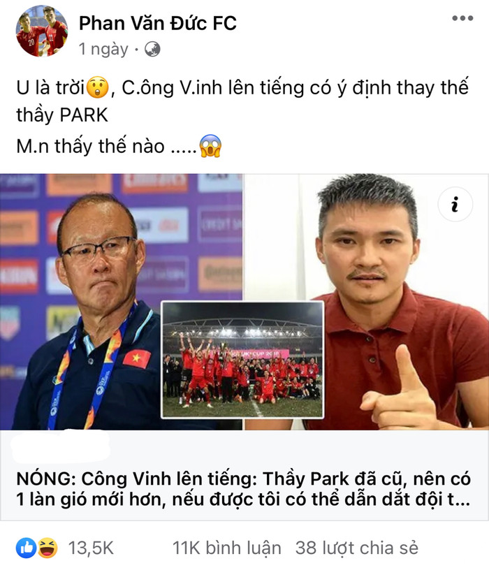 Fanpage đăng tải thông tin bịa đặt về chuyện Công Vinh chê ông Park, muốn dẫn dắt tuyển Việt Nam. Ảnh chụp màn hình