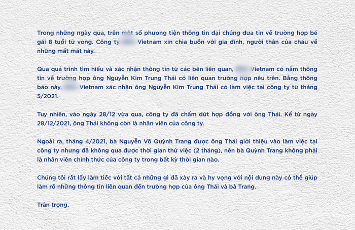 Thông báo của Công ty E. Vietnam.
