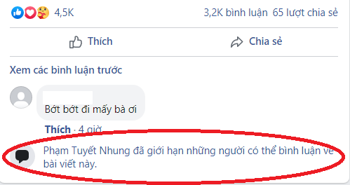 Tuyết Nhung khóa phần bình luận đối với người lạ.