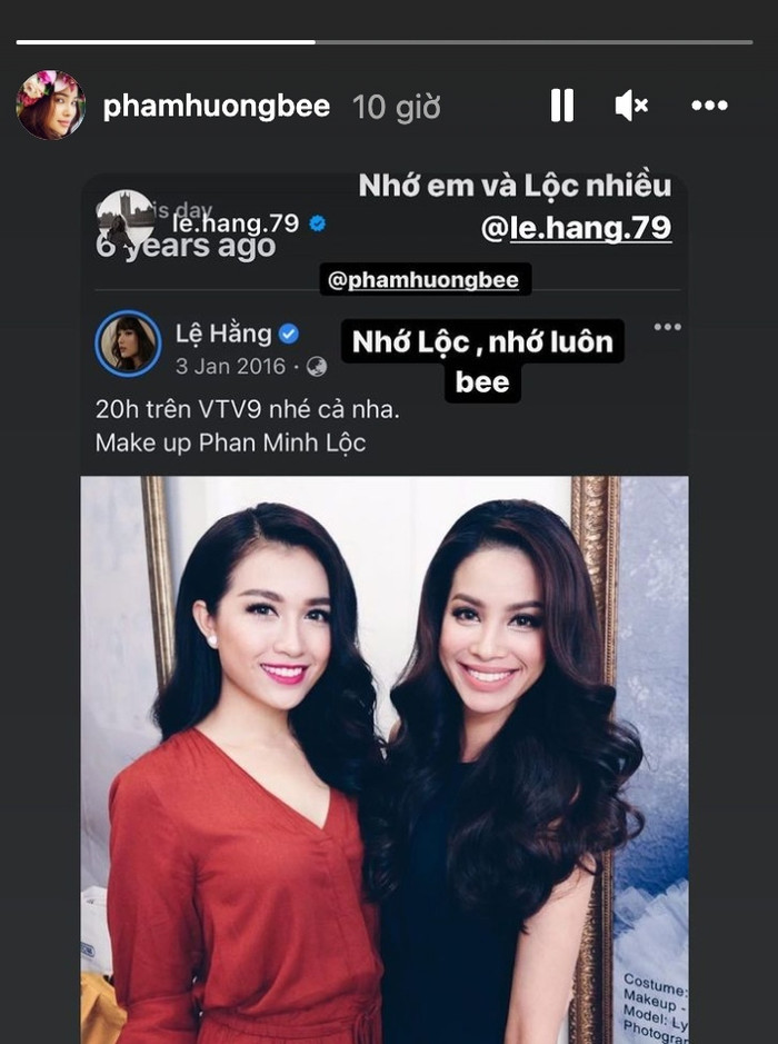 Lệ Hằng đăng tải khoảnh khắc thân thiết và chia sẻ nhớ Phạm Hương. Cô gọi người chị với biệt danh Bee thân thiết. Ngay lập tức, bà mẹ 2 con cũng đáp lại tình cảm của người em.