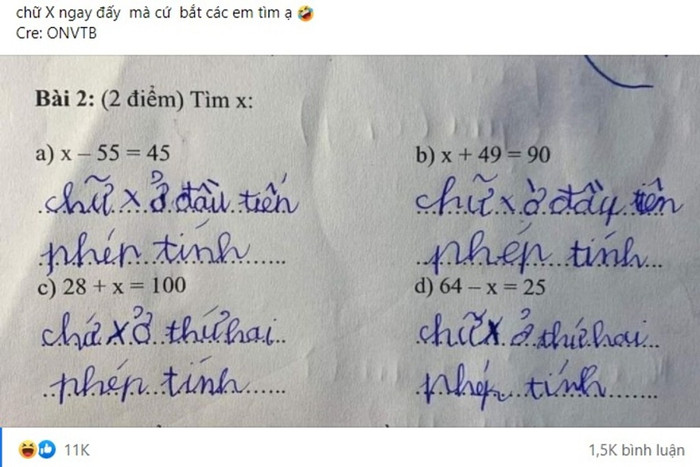 Yêu cầu học trò giải toán để 'tìm x', học trò đưa ra đáp án khiến cô giáo phải 'bó tay' Ảnh 1