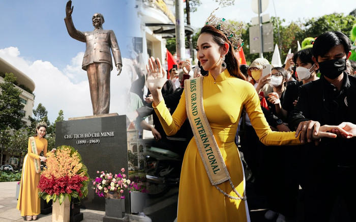 Hoa hậu Thùy Tiên xinh đẹp đi diễu hành, kính cẩn dâng hoa lên Tượng Đài Bác Hồ Ảnh 2