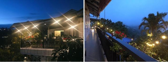 Phía ngoài căn nhà được trang trí nhiều đèn led ánh sáng vàng mang lại cảm giác ấm cúng