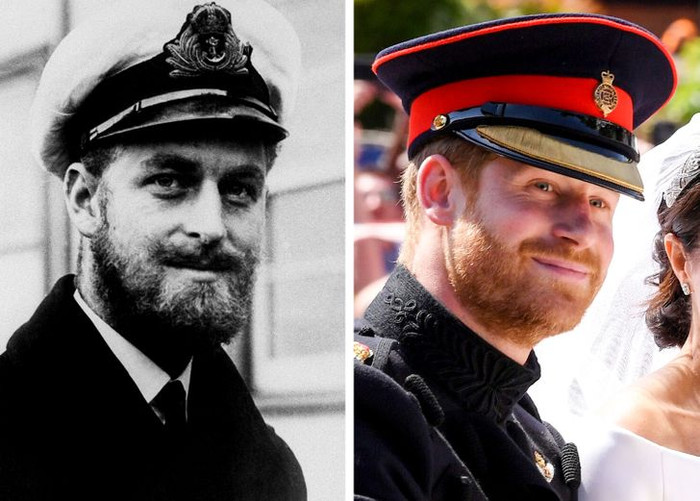 Hoàng thân Philip năm 1945 và Hoàng tử Harry năm 2018.