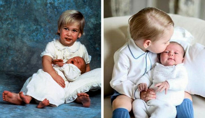 Hoàng tử William ôm Harry, năm 1984. Năm 2015, khoảnh khắc này được tái hiện qua Hoàng tử George và Công chúa Charlotte.