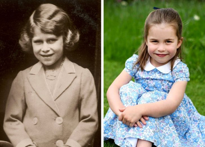 Nữ hoàng Elizabeth II năm 1933, và Công chúa Charlotte năm 2015.
