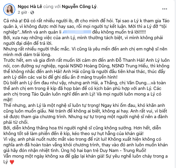 Bài đăng của Ngọc Hà - vợ của NSND Công Lý