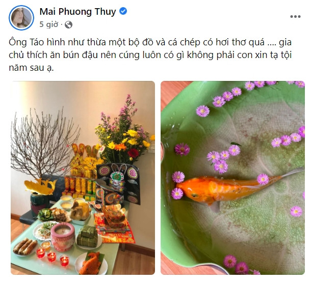 Sao Việt khoe mâm cúng ông Công ông Táo: Mai Phương Thúy gây sốc với bún đậu Ảnh 1