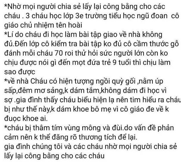 Cô giáo bị tố đánh 70 roi gây bầm tím mông học sinh lớp 3 Ảnh 1