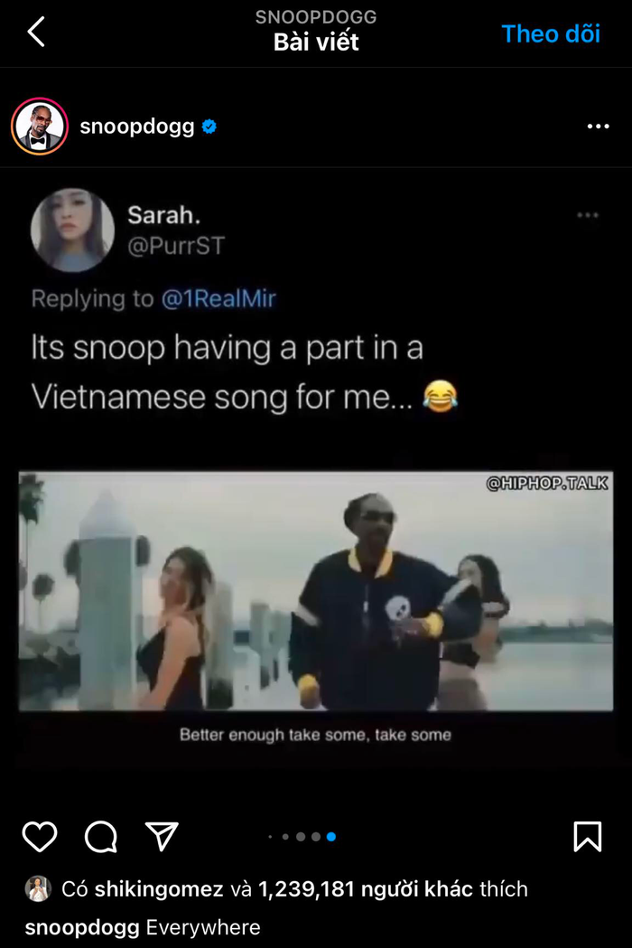 Snoop Dogg chia sẻ lại khoảnh khắc trong MV hợp tác với Sơn Tùng.