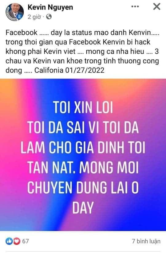 Kevin Nguyễn đính chính status “xin lỗi”, khẳng định không phải do mình viết. 