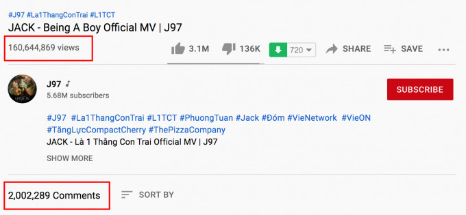 Jack phá vỡ kỷ lục của Sơn Tùng từng xác lập trước đó về số lượng bình luận trong video ca nhạc.