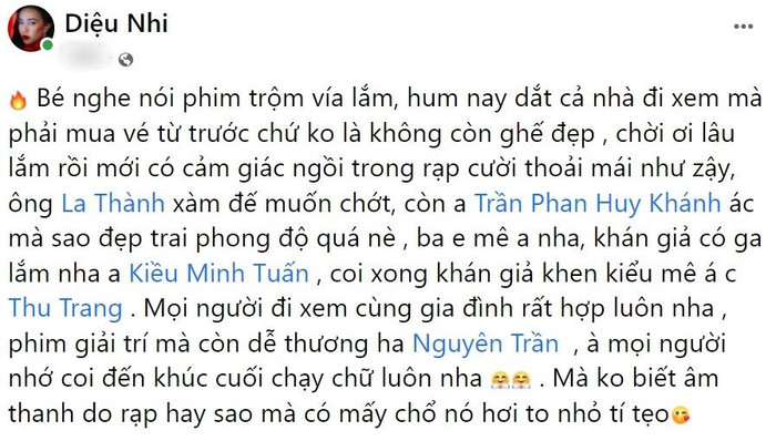 Diệu Nhi Lần lượt khen diễn xuất của các diễn viên trong phim, trừ Anh Tú.